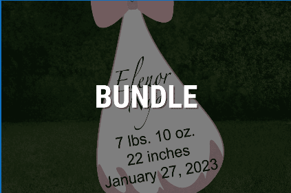 Baby weight and measurement card with 'Bundle' text on a dark background