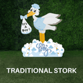 Traditional Stork Boy from Joyful Storks, a decorative rental stork figurine with detailed features for celebrations.