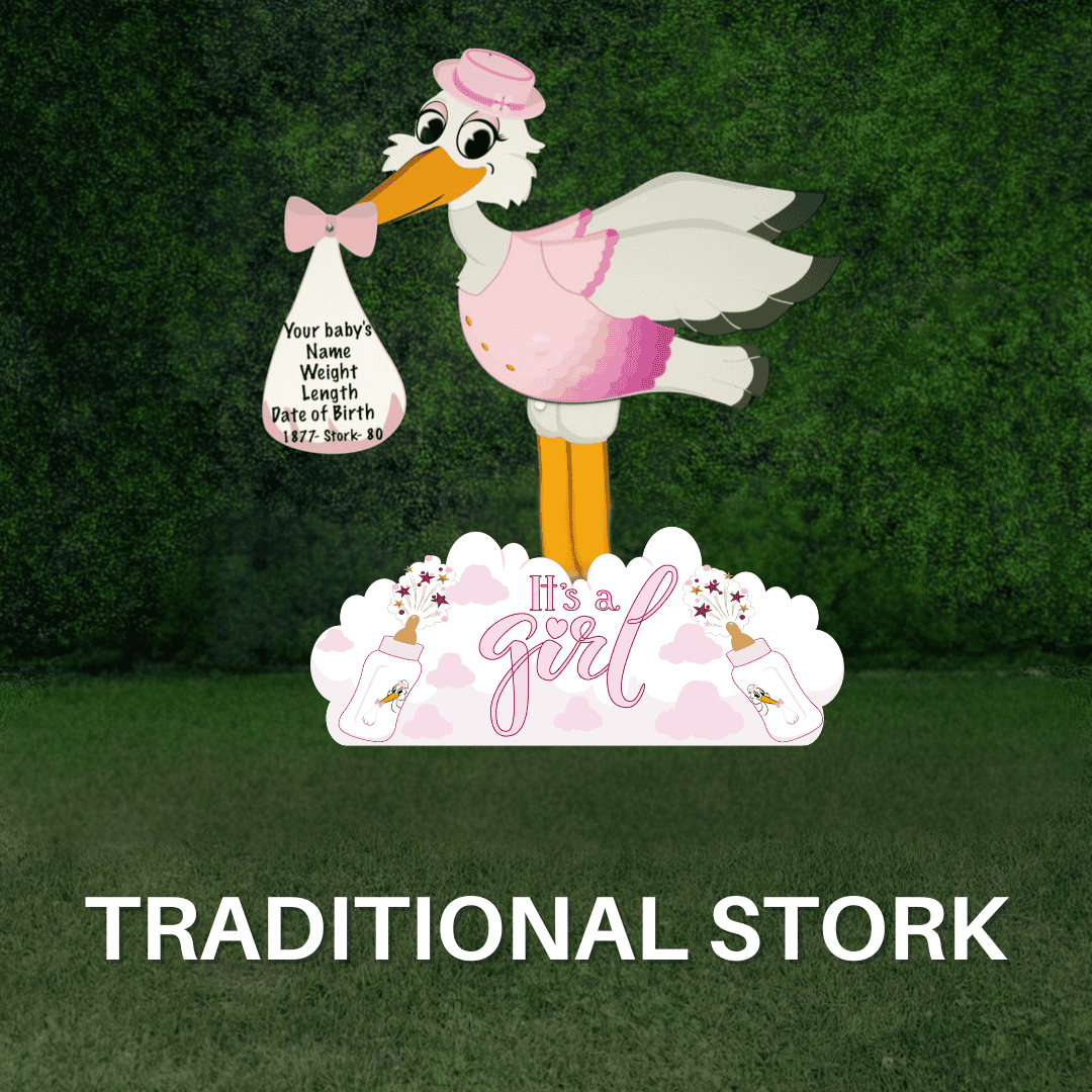 Traditional Stork girl delivery balloon from Joyful Storks, featuring a classic stork design with a girl figure.